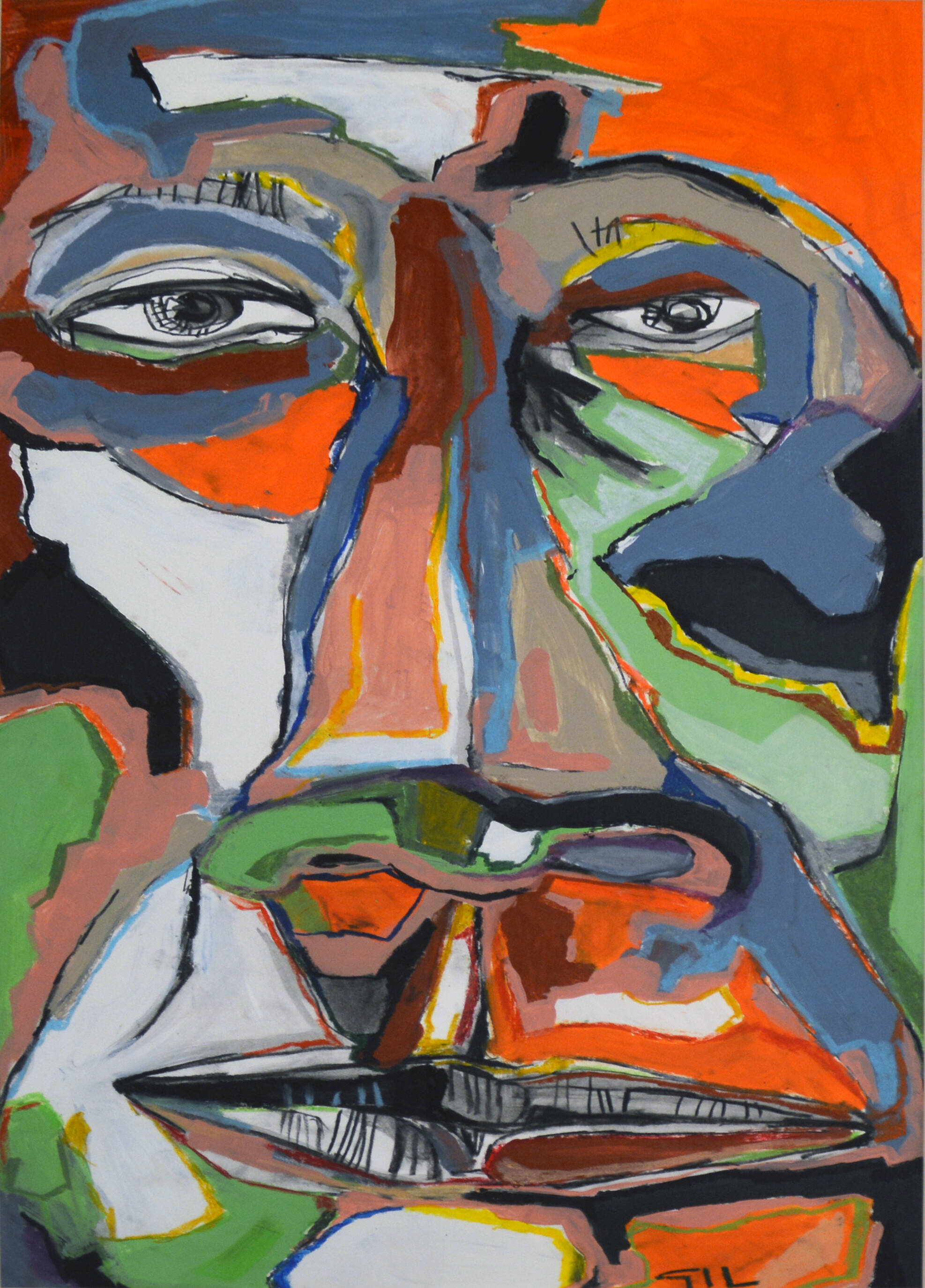 Abstract and colorful painting of a close-up of a face. Lots of different colors including blue, green, red, white and black.